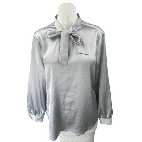 Adrianna Papell Silver Silk Satin Long Sleeve Bow Tie Neck Blouse Shirt Top Sz L - Picture 1 of 4